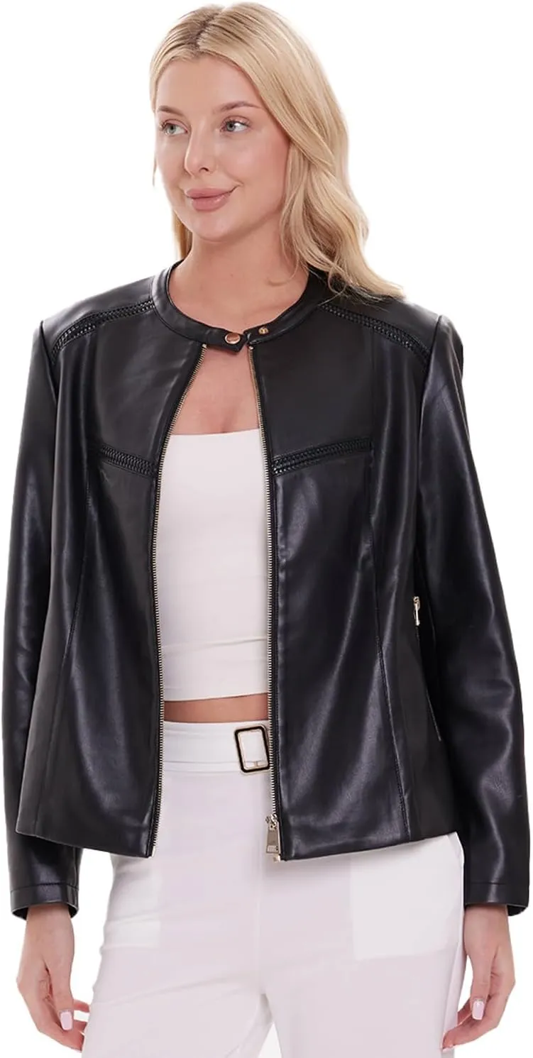 Women's Faux Leather Jacket Plus Size Motorcycle Biker Outwear Pu Zip Up Moto Coat