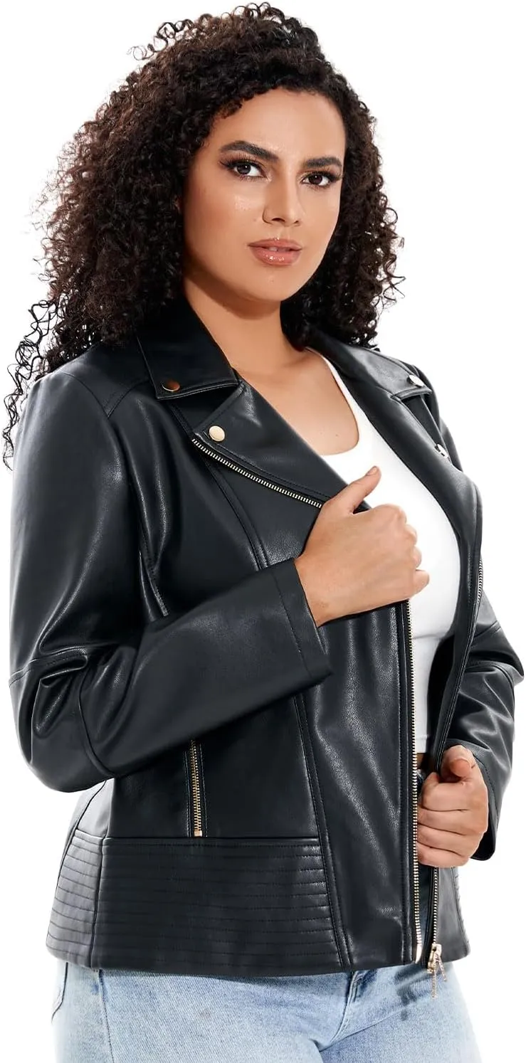 Women's Faux Leather Jacket Plus Size Motorcycle Biker Outwear Pu Zip Up Moto Coat