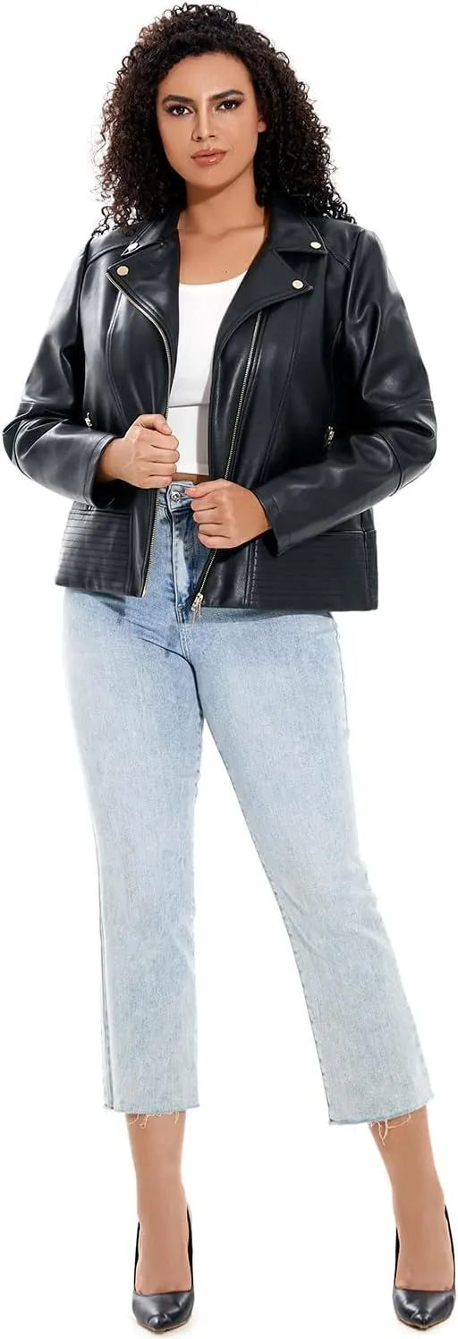 Women's Faux Leather Jacket Plus Size Motorcycle Biker Outwear Pu Zip Up Moto Coat