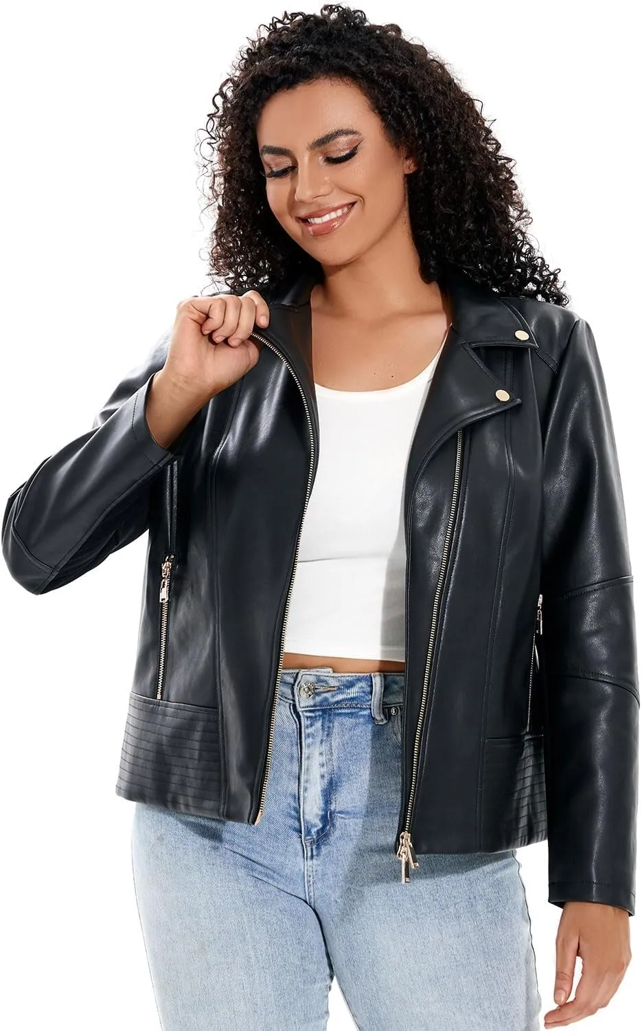 Women's Faux Leather Jacket Plus Size Motorcycle Biker Outwear Pu Zip Up Moto Coat