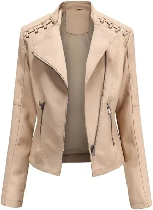Women's Faux Leather Jackets, Zipper Lapel Neck Leather Jacket Biker coat jacketWith Stitching Coat