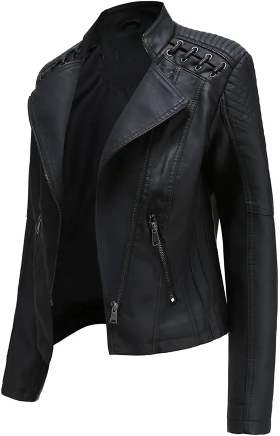 Women's Faux Leather Jackets, Zipper Lapel Neck Leather Jacket Biker coat jacketWith Stitching Coat