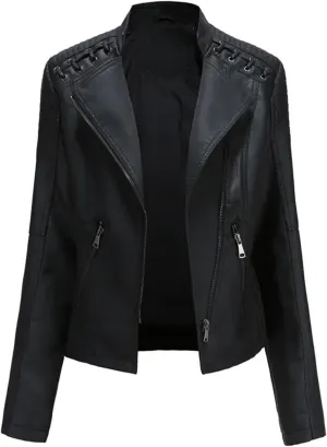Women's Faux Leather Jackets, Zipper Lapel Neck Leather Jacket Biker coat jacketWith Stitching Coat