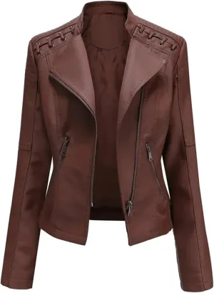Women's Faux Leather Jackets, Zipper Lapel Neck Leather Jacket Biker coat jacketWith Stitching Coat