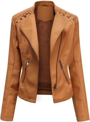 Women's Faux Leather Jackets, Zipper Lapel Neck Leather Jacket Biker coat jacketWith Stitching Coat