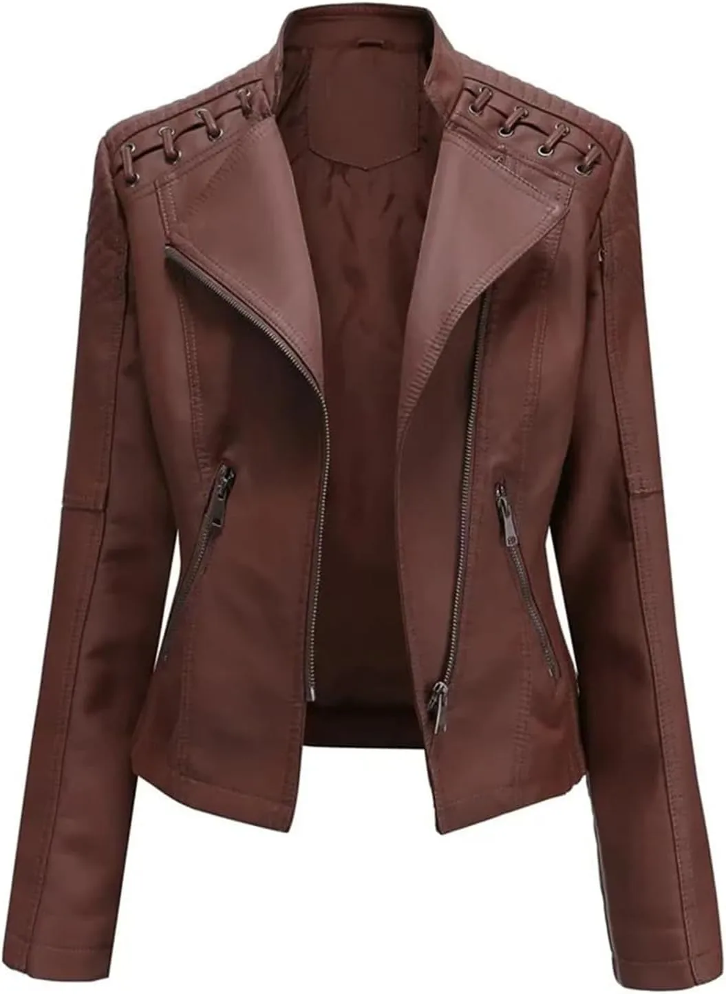 Women's Faux Leather Jackets, Zipper Lapel Neck Leather Jacket Biker coat jacketWith Stitching Coat