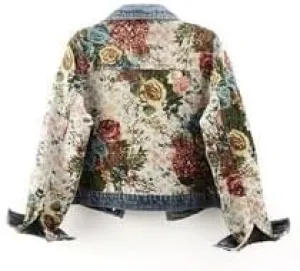 Women's Floral Patchwork Denim Jacket, Vintage Style, Blue