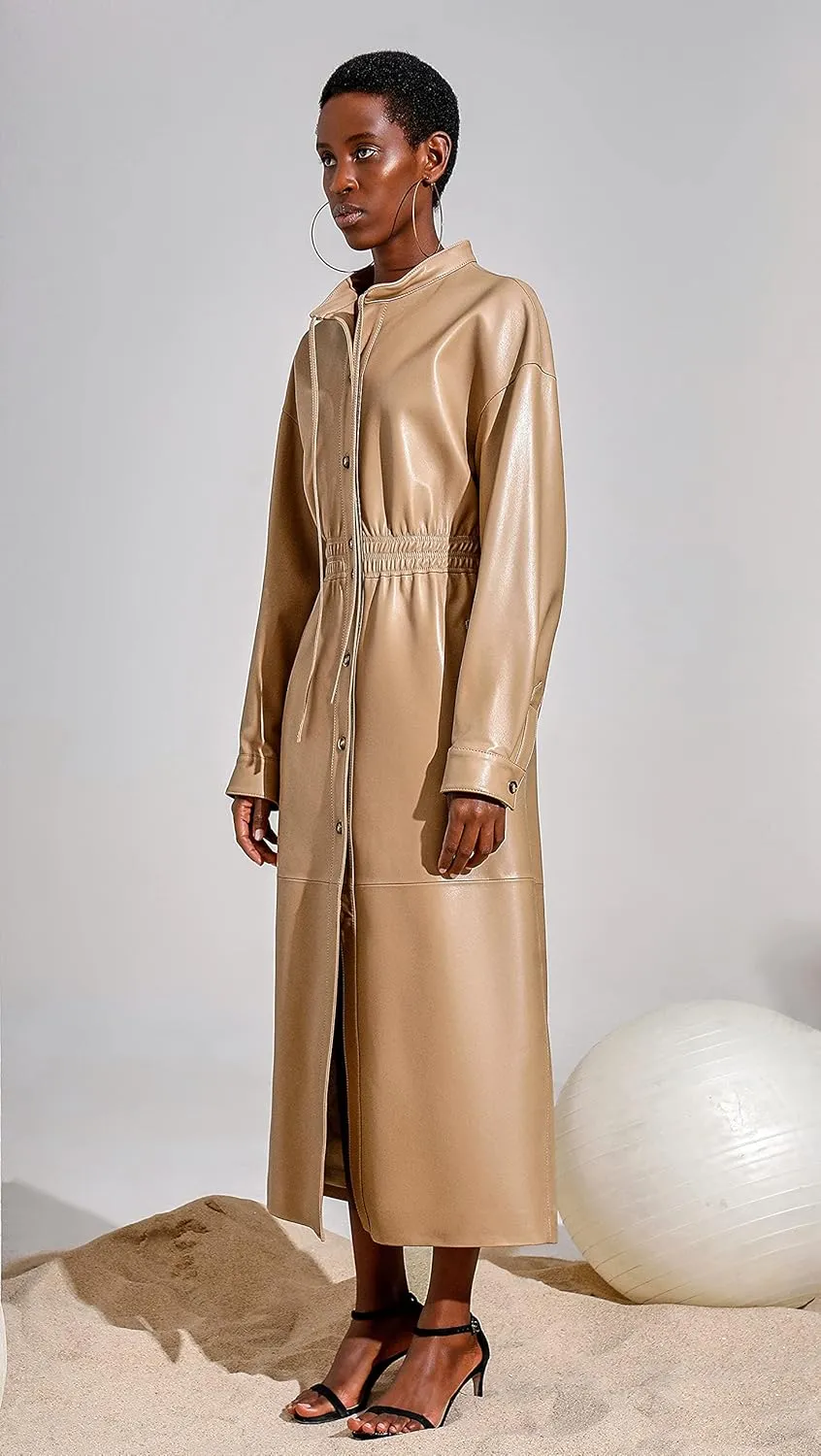 Women's Genuine Leather Long Trench Coat Slim fit Stand Collar Maxi Dress Coat Camel SmartUniverseWear