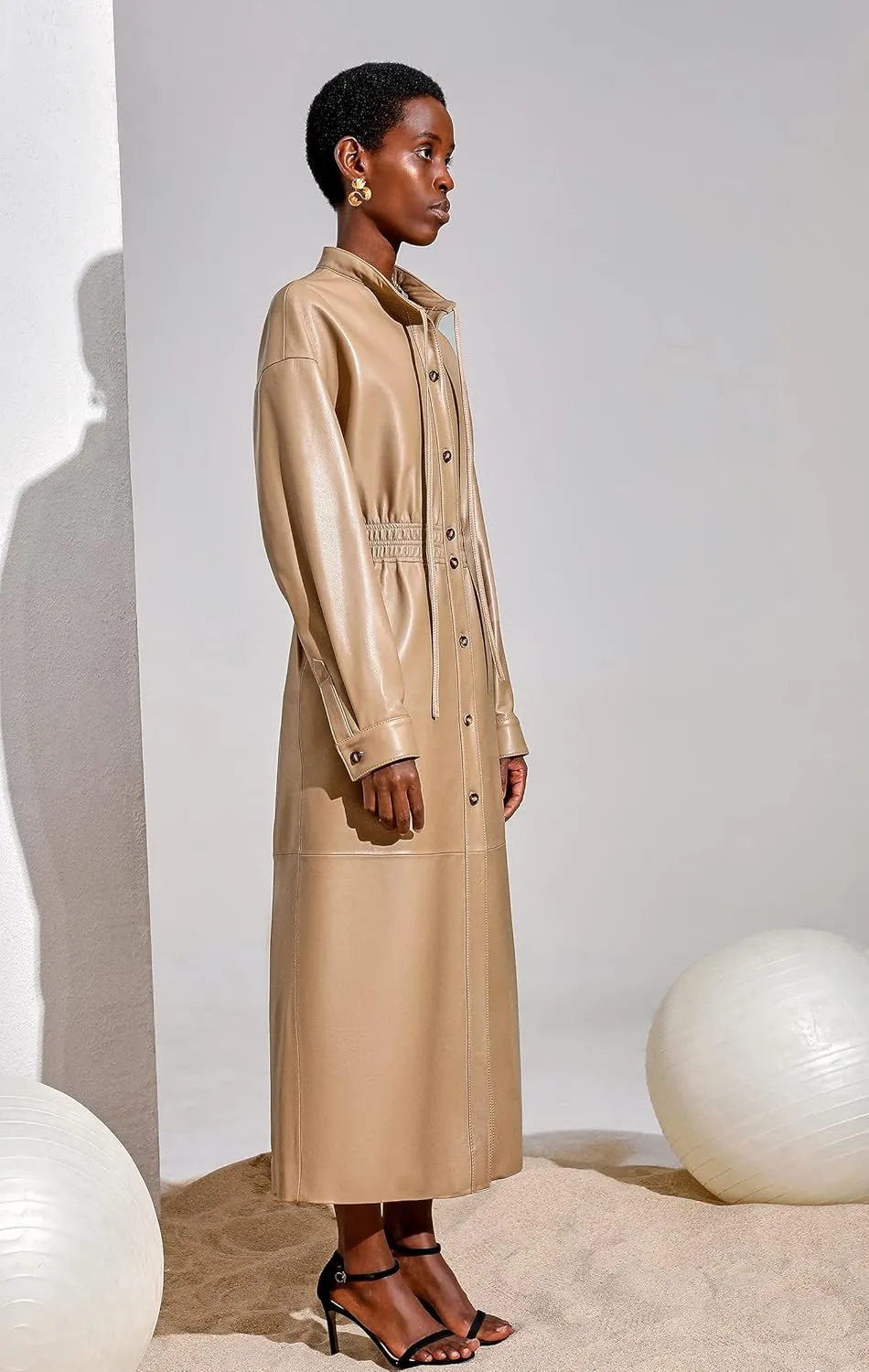 Women's Genuine Leather Long Trench Coat Slim fit Stand Collar Maxi Dress Coat Camel SmartUniverseWear