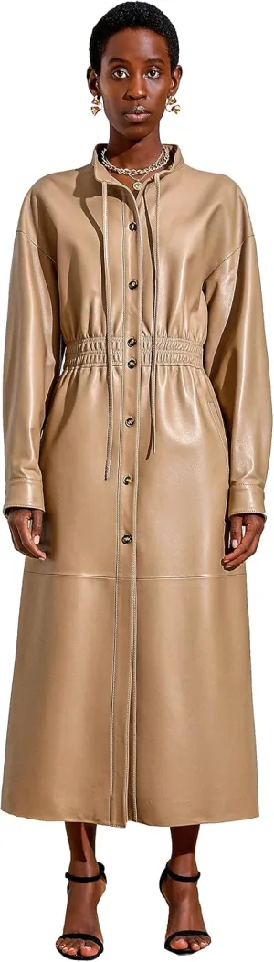 Women's Genuine Leather Long Trench Coat Slim fit Stand Collar Maxi Dress Coat Camel SmartUniverseWear