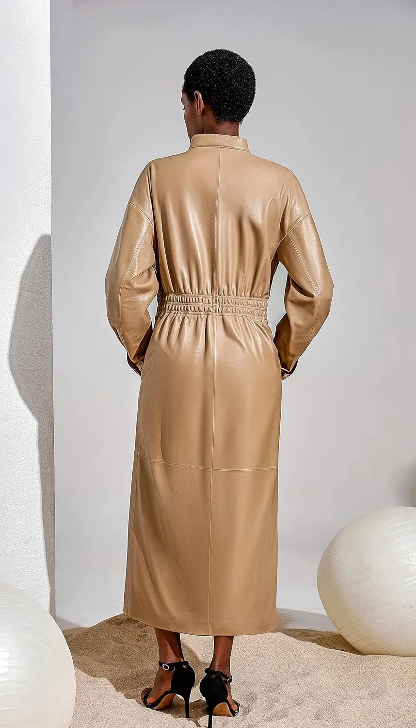 Women's Genuine Leather Long Trench Coat Slim fit Stand Collar Maxi Dress Coat Camel SmartUniverseWear