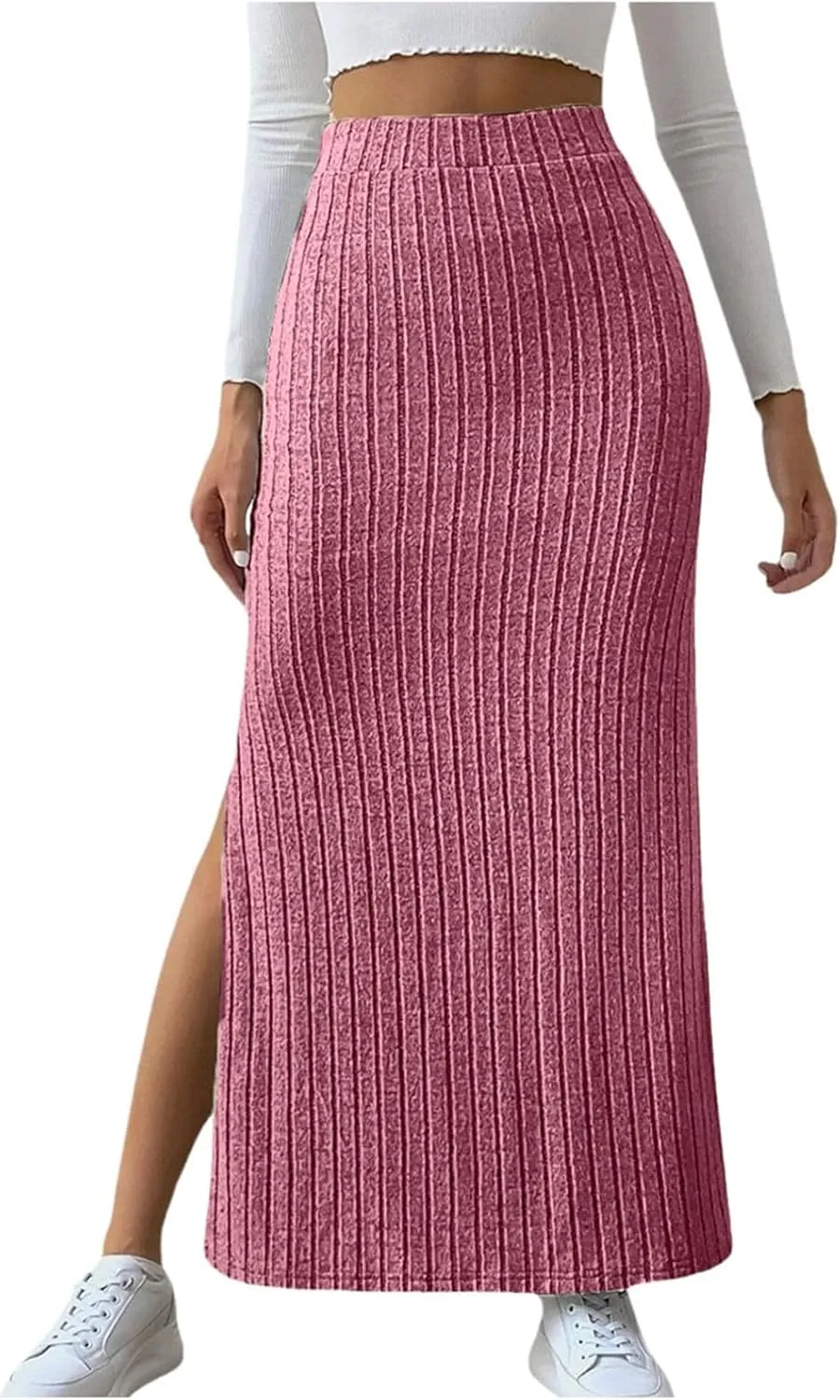 Women's High Waist Stretchy Rib Knit Split Slit Hem Midi Pencil Skirt Pleated Skirt with Stripe