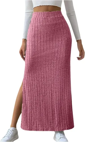 Women's High Waist Stretchy Rib Knit Split Slit Hem Midi Pencil Skirt Pleated Skirt with Stripe