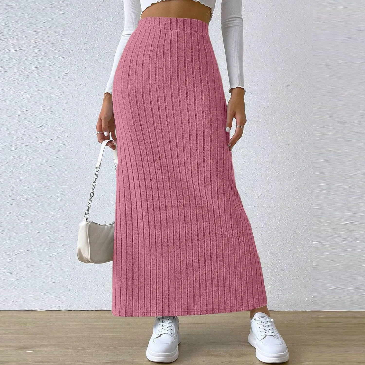 Women's High Waist Stretchy Rib Knit Split Slit Hem Midi Pencil Skirt Pleated Skirt with Stripe