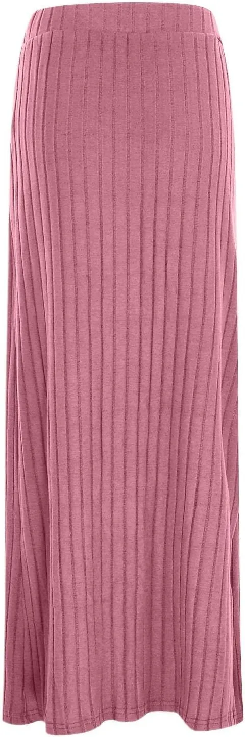Women's High Waist Stretchy Rib Knit Split Slit Hem Midi Pencil Skirt Pleated Skirt with Stripe