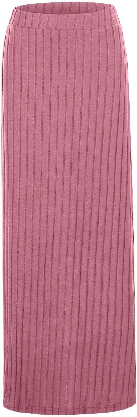 Women's High Waist Stretchy Rib Knit Split Slit Hem Midi Pencil Skirt Pleated Skirt with Stripe