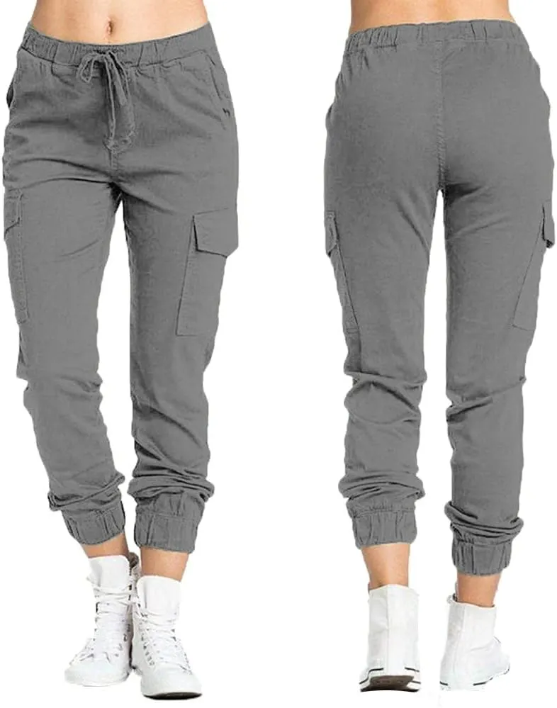 Womens High Waisted Cargo Pants Business Work Trousers Drawstring Elastic Waist Tapered Pants Available in Plus Size