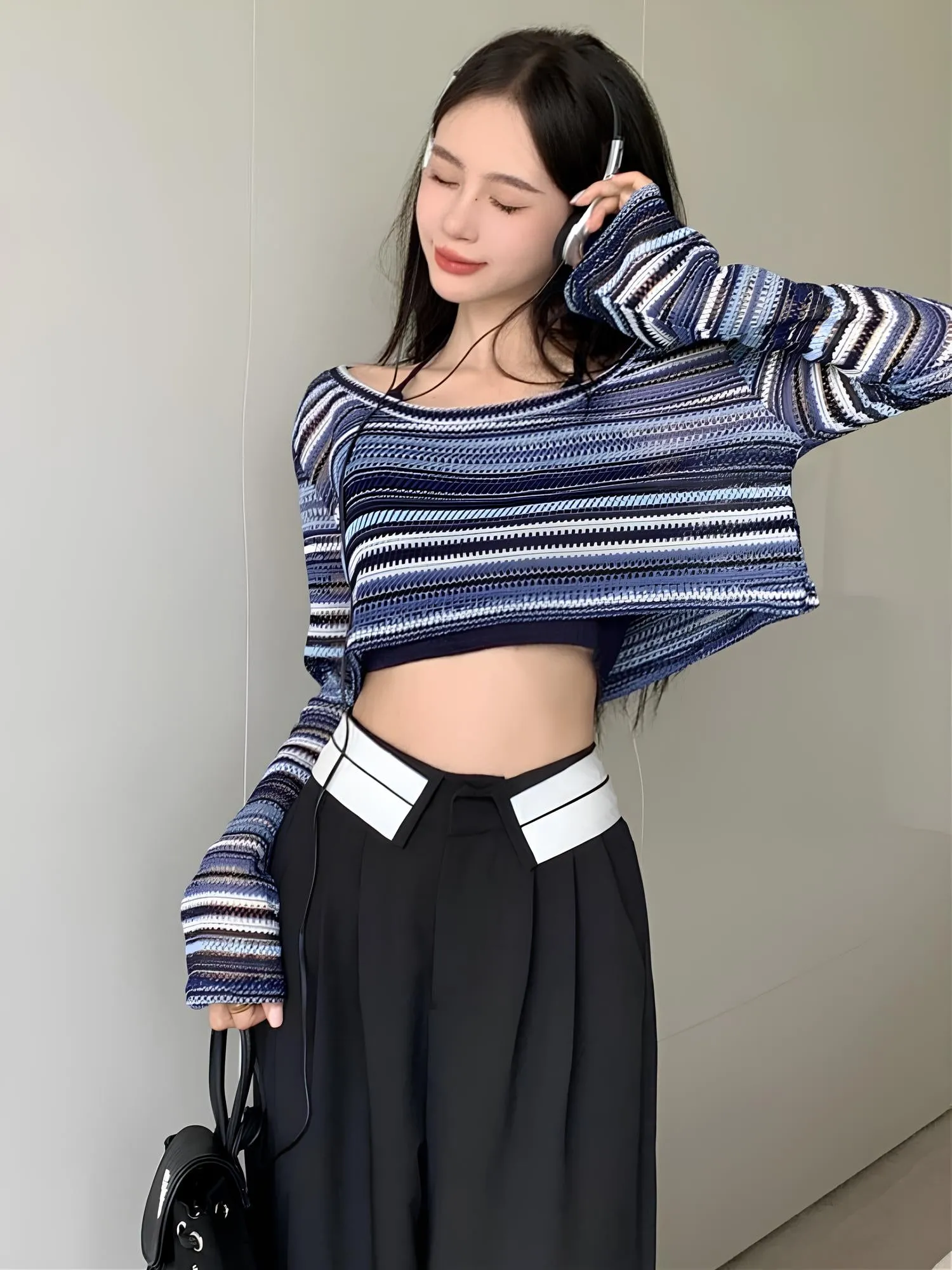 Women's Hollow-Out Striped T-Shirt  Trendy Korean Style for Everyday Wear