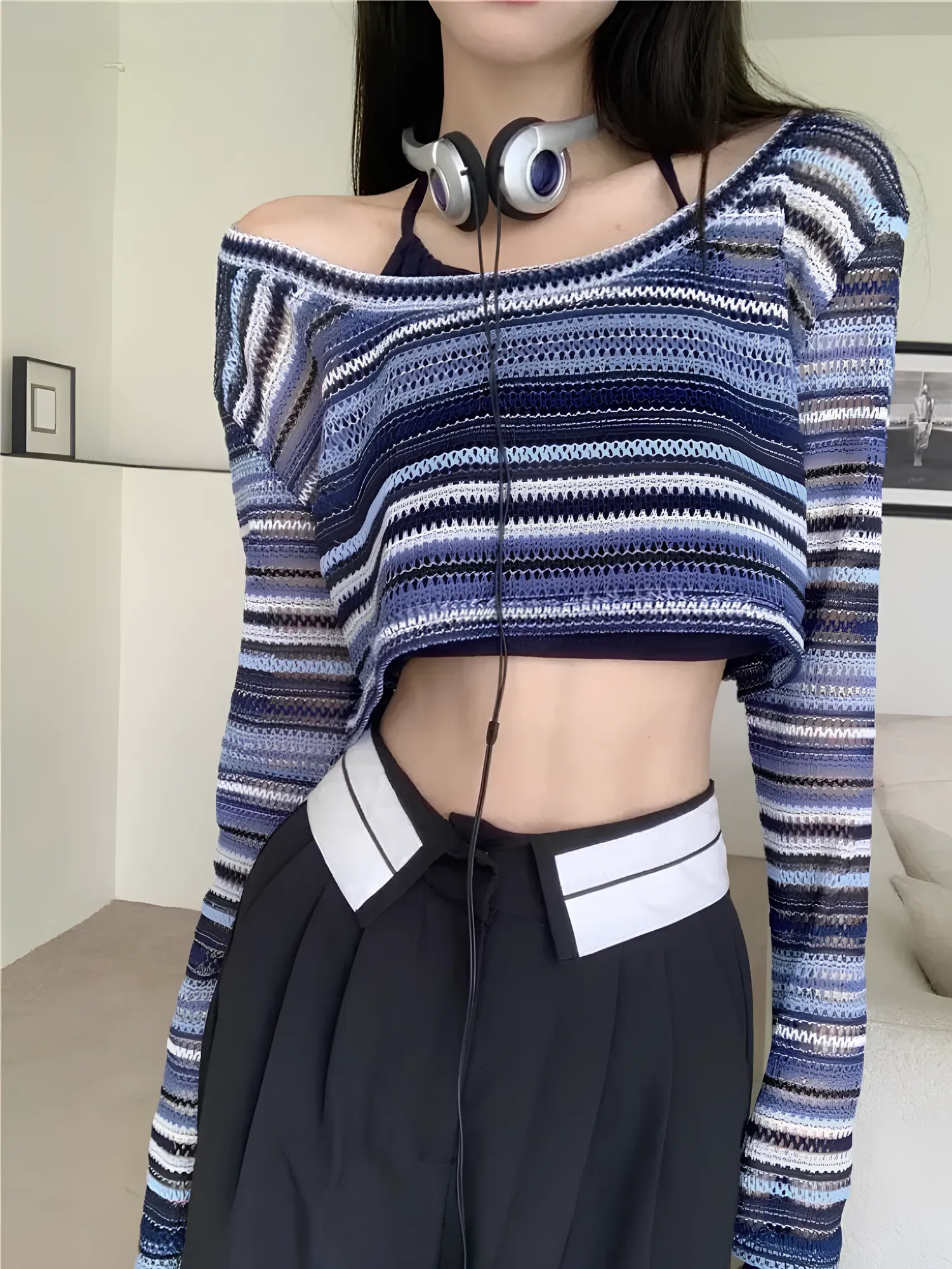 Women's Hollow-Out Striped T-Shirt  Trendy Korean Style for Everyday Wear