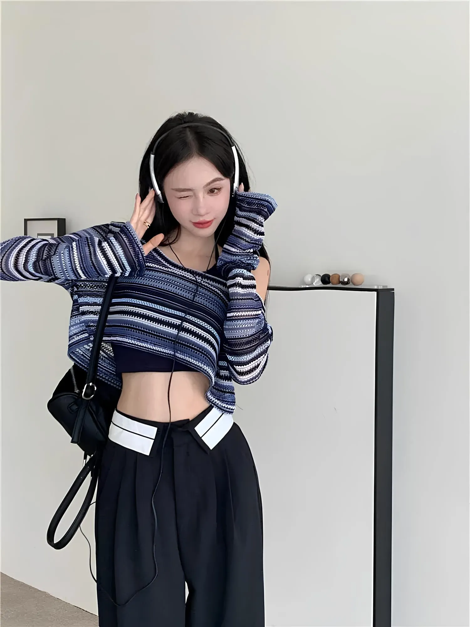 Women's Hollow-Out Striped T-Shirt  Trendy Korean Style for Everyday Wear