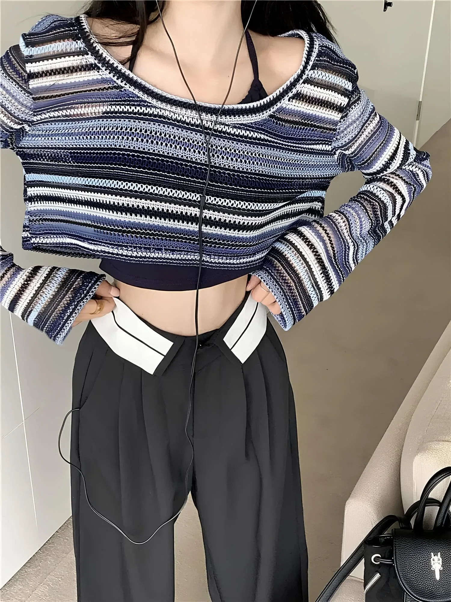 Women's Hollow-Out Striped T-Shirt  Trendy Korean Style for Everyday Wear
