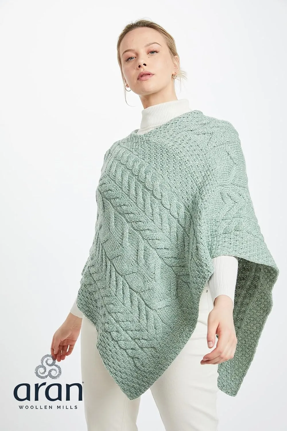 Women's Irish Cable Knit Poncho, 100% Supersoft Merino Wool, Made in Ireland, One Size, Aasleagh Falls
