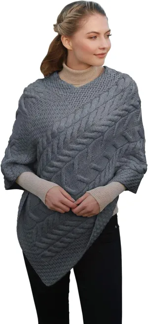 Women's Irish Cable Knit Poncho, 100% Supersoft Merino Wool, Made in Ireland, One Size, Aasleagh Falls