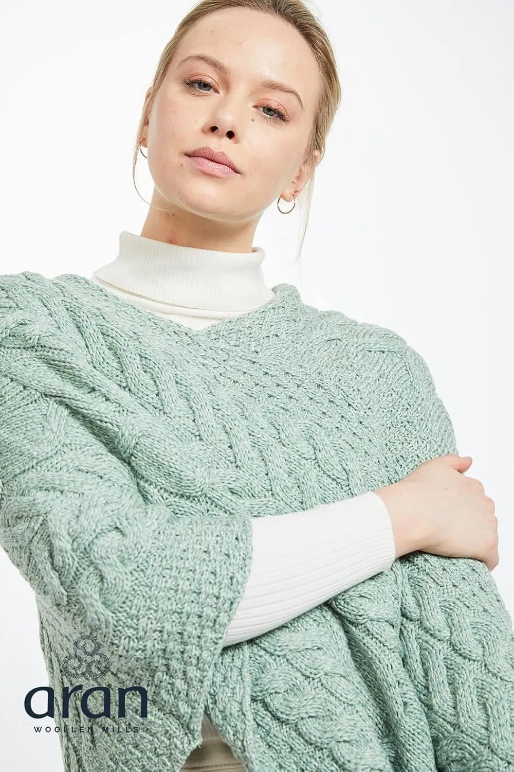 Women's Irish Cable Knit Poncho, 100% Supersoft Merino Wool, Made in Ireland, One Size, Aasleagh Falls