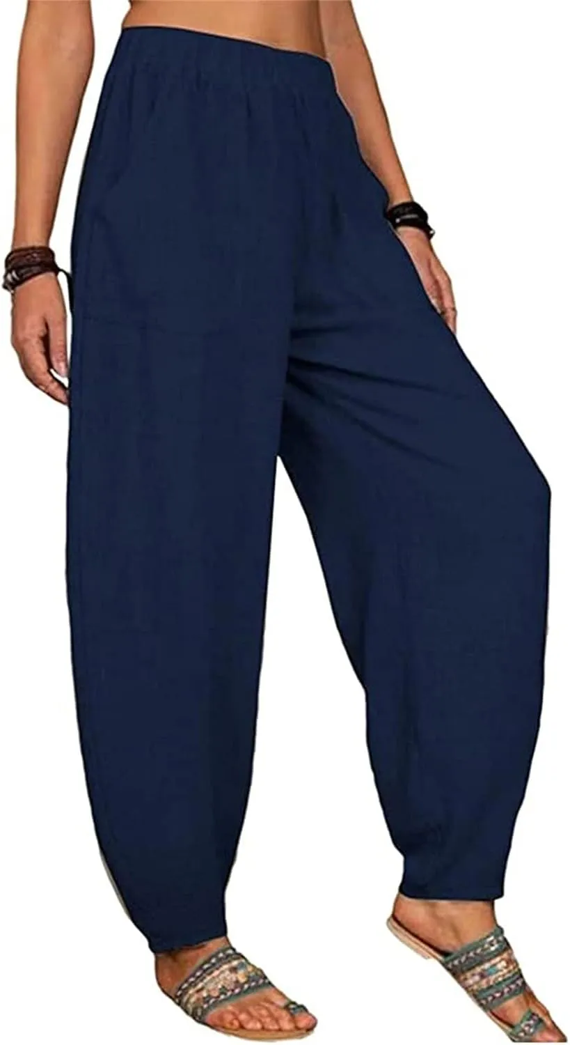 Women's Linen Pants Elastic Waist Wide Leg Pant Loose Fit Tapered Trousers Summer Trendy Lounge Pants with Pockets