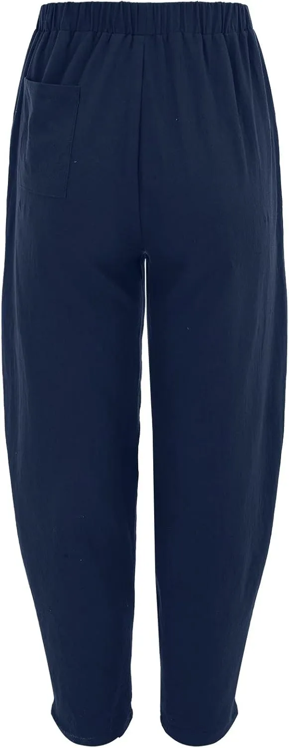 Women's Linen Pants Elastic Waist Wide Leg Pant Loose Fit Tapered Trousers Summer Trendy Lounge Pants with Pockets
