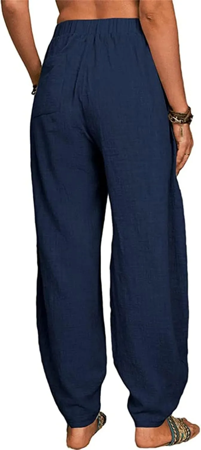 Women's Linen Pants Elastic Waist Wide Leg Pant Loose Fit Tapered Trousers Summer Trendy Lounge Pants with Pockets