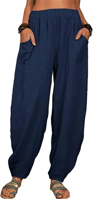 Women's Linen Pants Elastic Waist Wide Leg Pant Loose Fit Tapered Trousers Summer Trendy Lounge Pants with Pockets