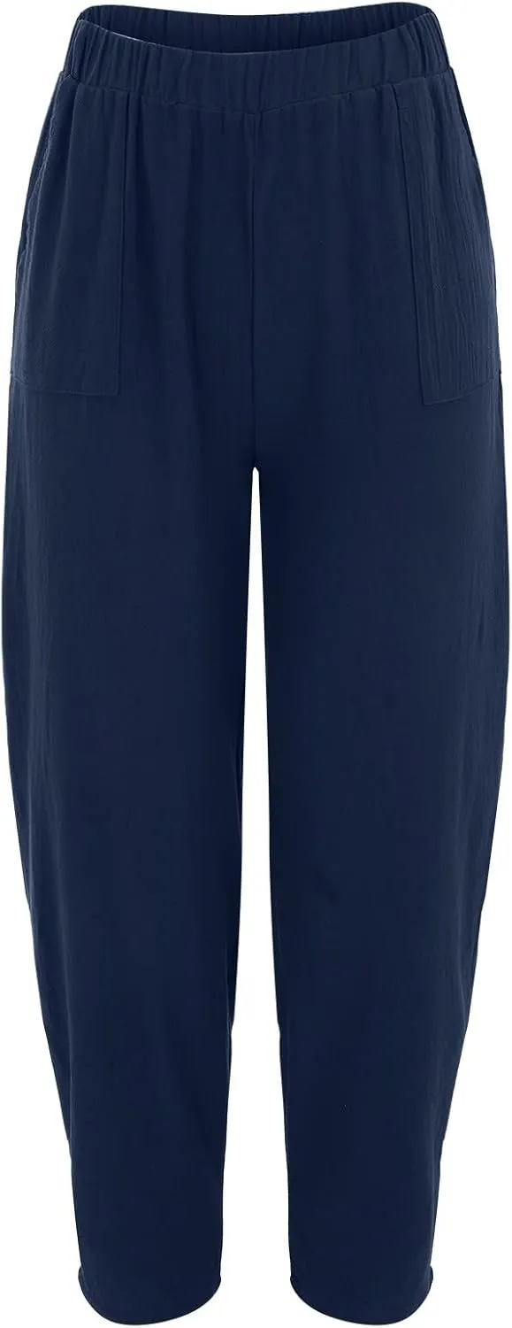 Women's Linen Pants Elastic Waist Wide Leg Pant Loose Fit Tapered Trousers Summer Trendy Lounge Pants with Pockets