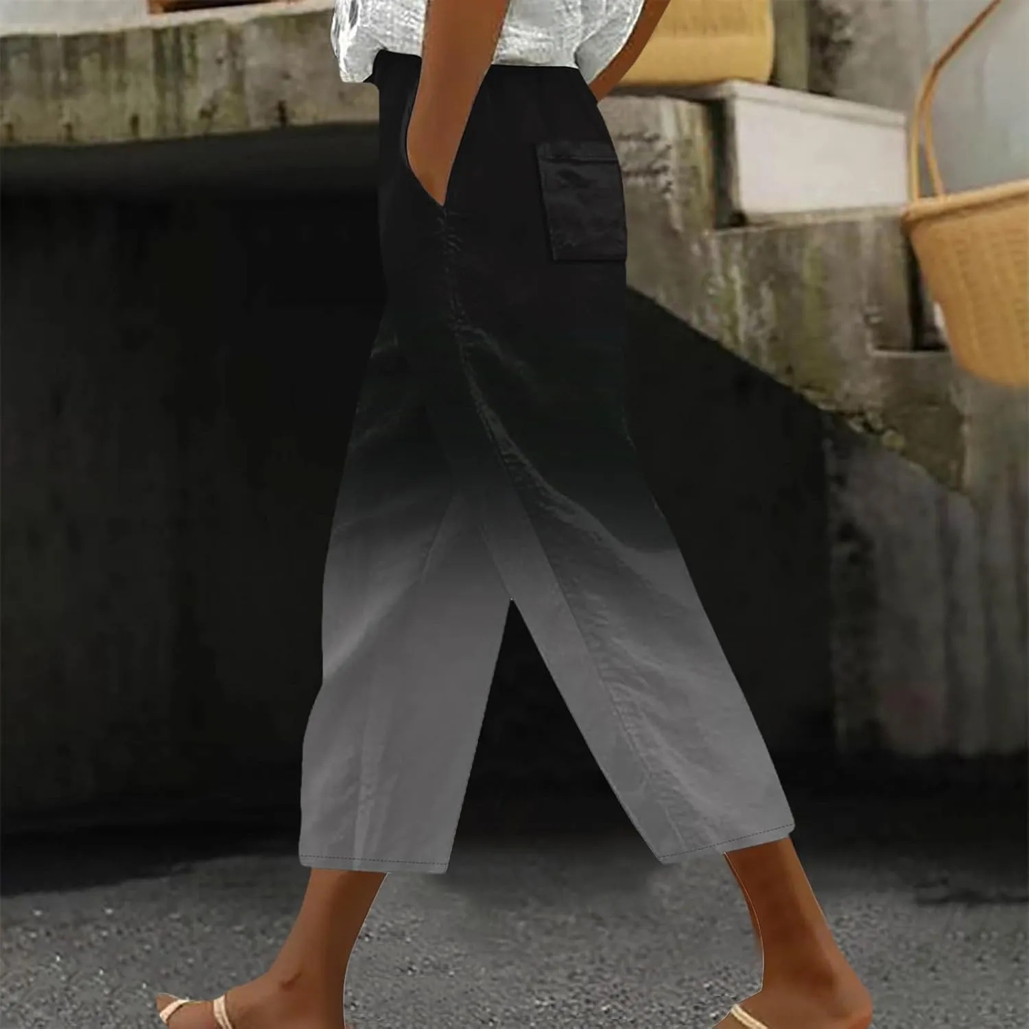 Women's Linen Summer Palazzo Pants Linen Elastic Seven Pants Beach Casual Pants Linen Loose Drawstring Elastic Waist
