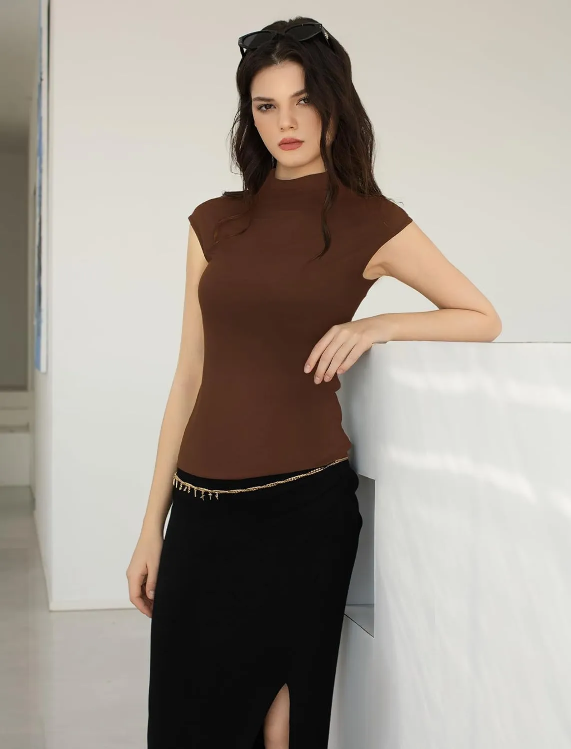 Women's Mock Turtle Neck Tank Tops Slim Fitted Cap Sleeve Stretchy Basic Casual Top Summer Outfits