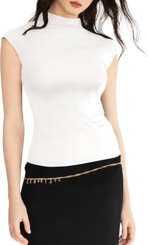Women's Mock Turtle Neck Tank Tops Slim Fitted Cap Sleeve Stretchy Basic Casual Top Summer Outfits