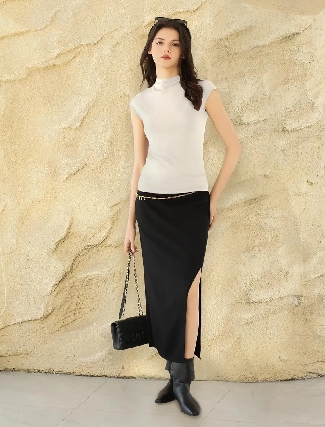 Women's Mock Turtle Neck Tank Tops Slim Fitted Cap Sleeve Stretchy Basic Casual Top Summer Outfits