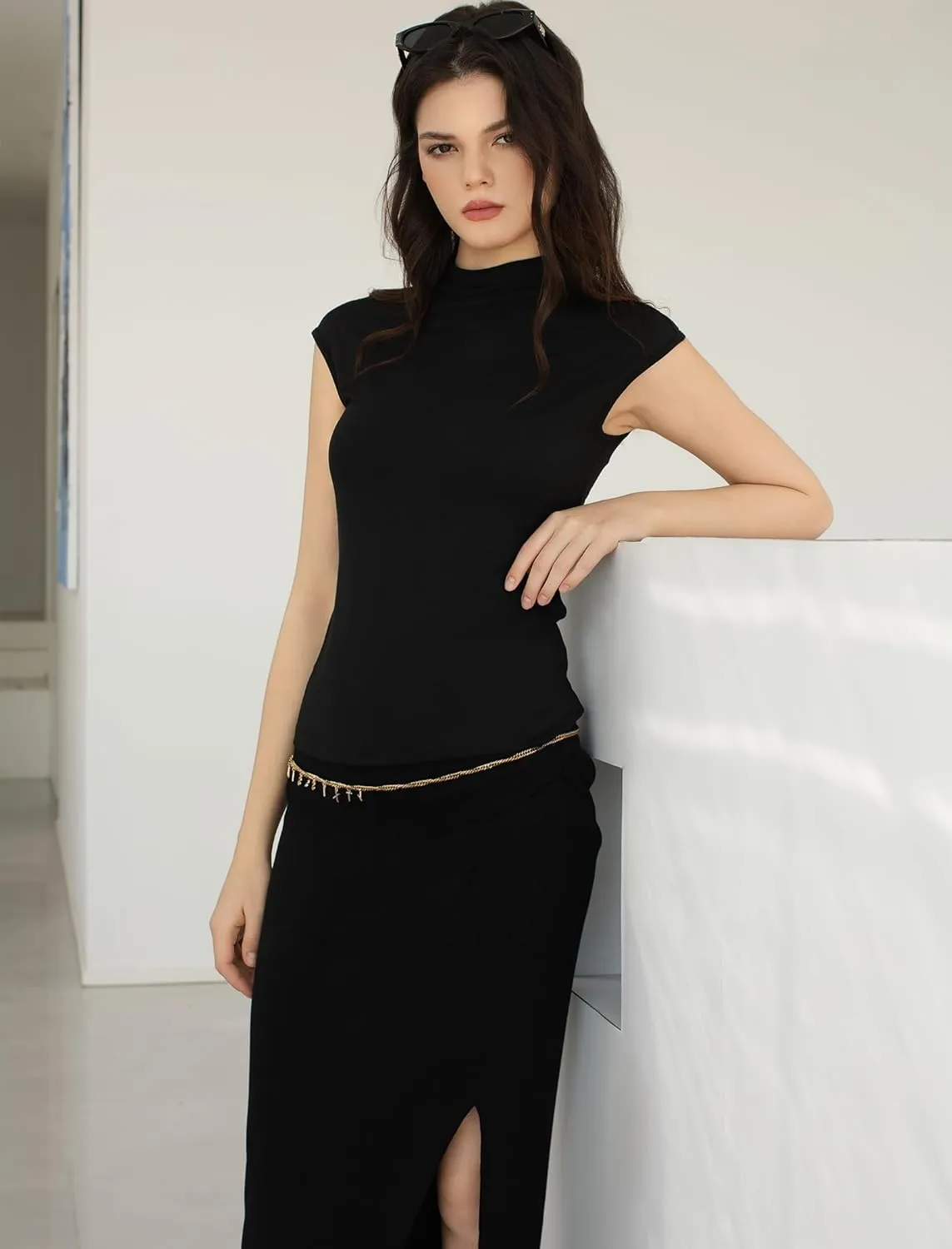 Women's Mock Turtle Neck Tank Tops Slim Fitted Cap Sleeve Stretchy Basic Casual Top Summer Outfits