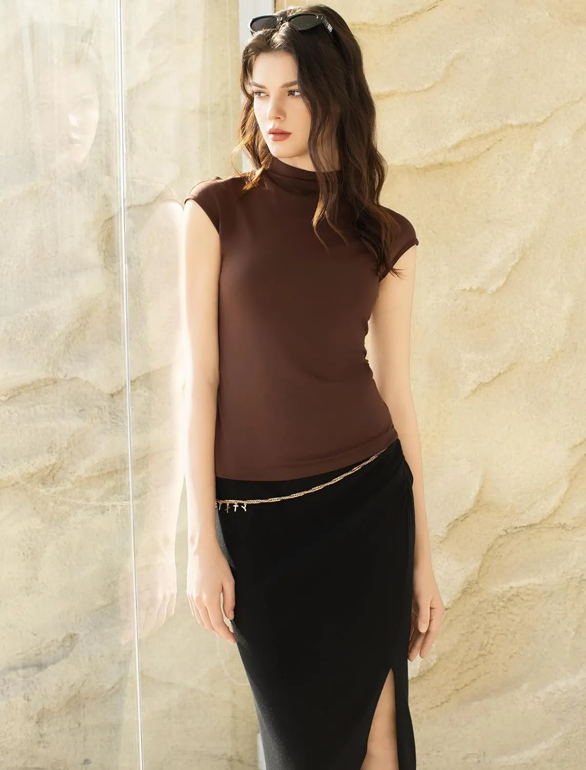 Women's Mock Turtle Neck Tank Tops Slim Fitted Cap Sleeve Stretchy Basic Casual Top Summer Outfits