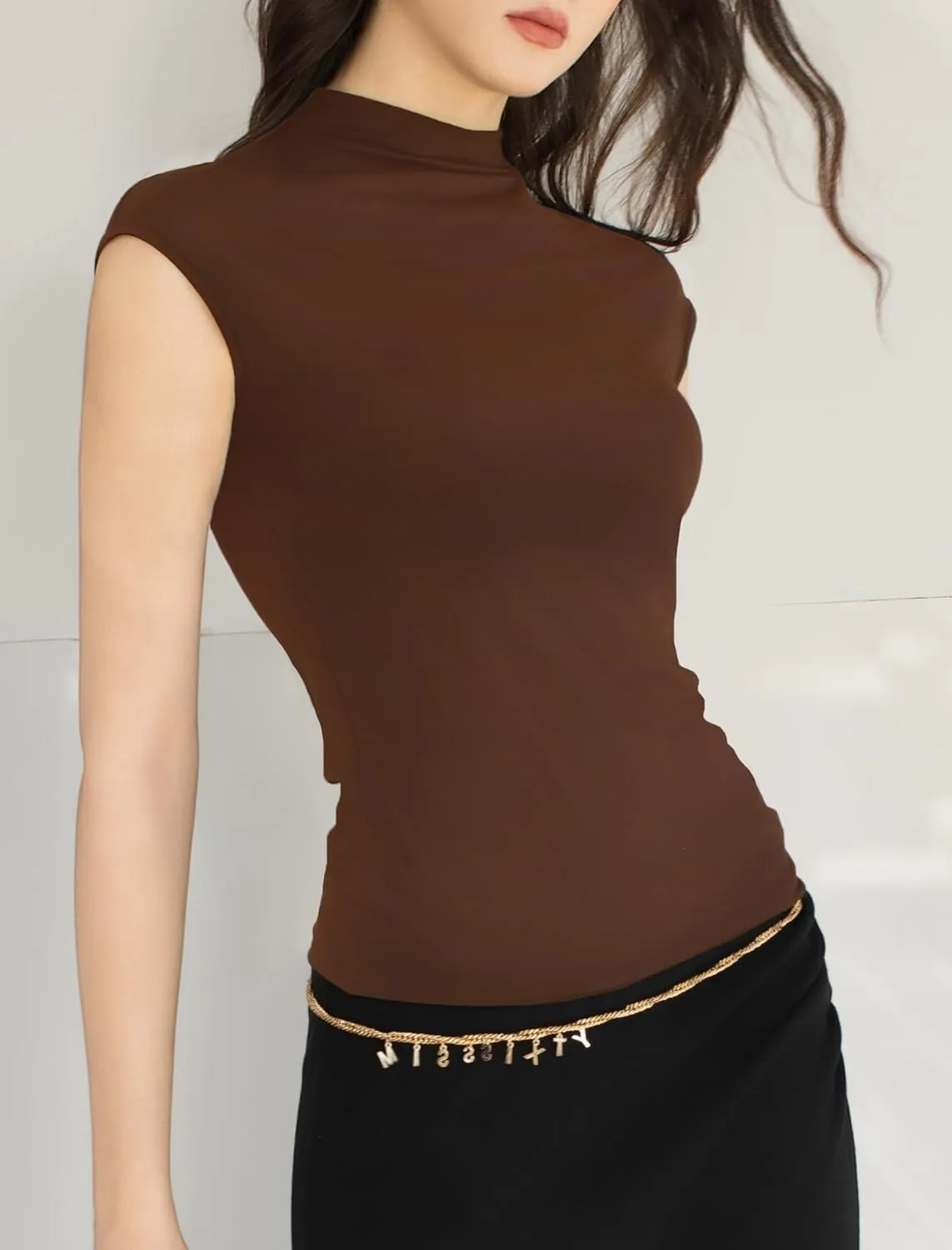Women's Mock Turtle Neck Tank Tops Slim Fitted Cap Sleeve Stretchy Basic Casual Top Summer Outfits