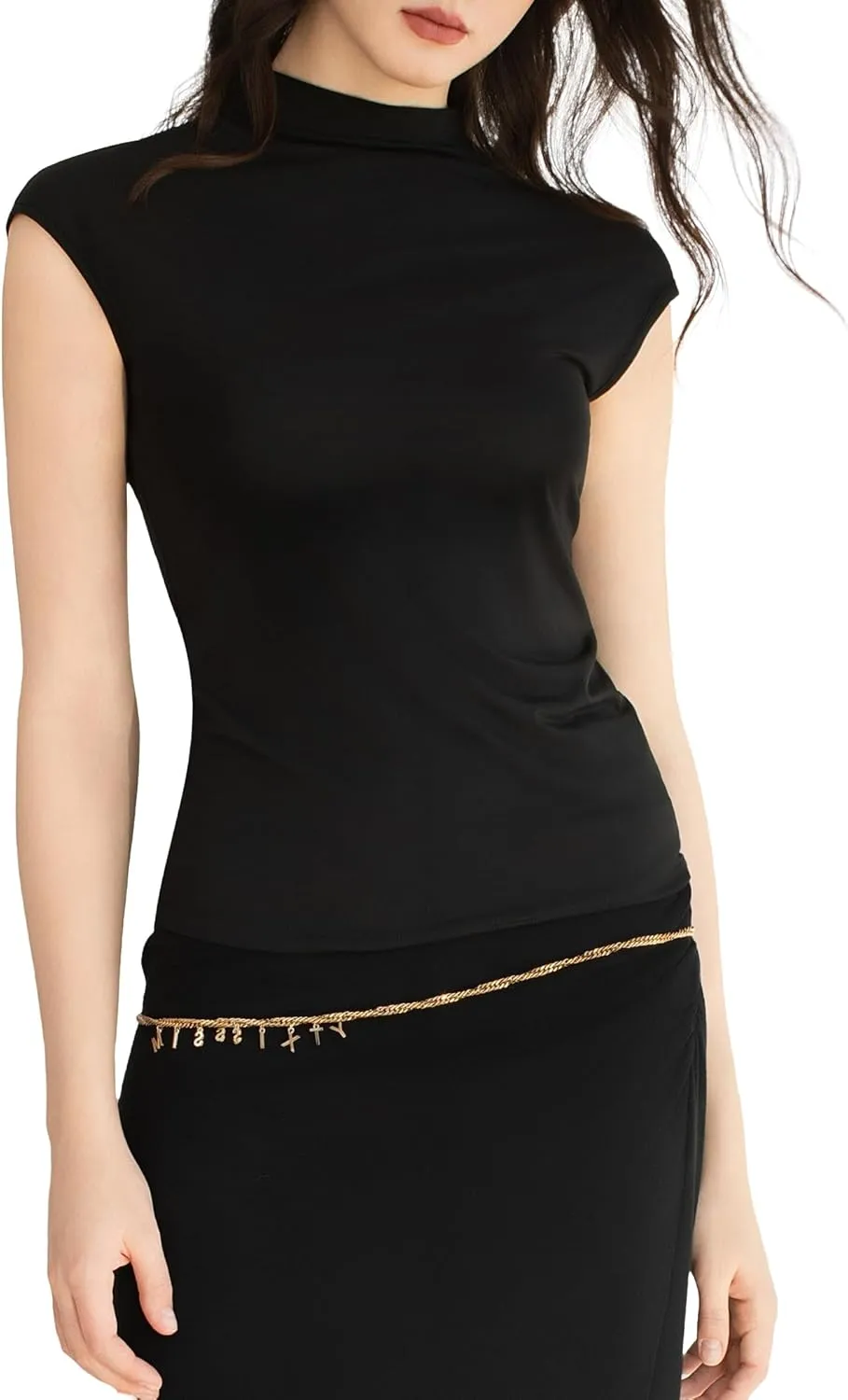 Women's Mock Turtle Neck Tank Tops Slim Fitted Cap Sleeve Stretchy Basic Casual Top Summer Outfits