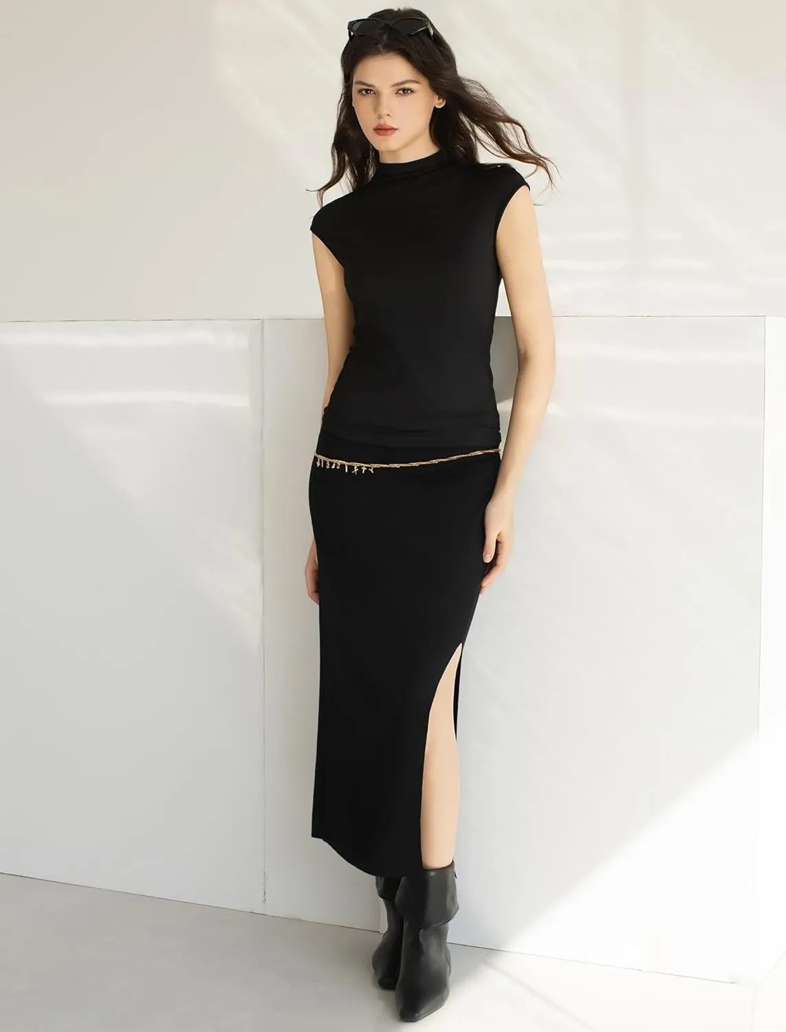 Women's Mock Turtle Neck Tank Tops Slim Fitted Cap Sleeve Stretchy Basic Casual Top Summer Outfits