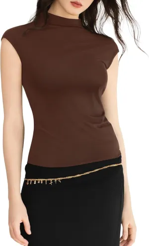 Women's Mock Turtle Neck Tank Tops Slim Fitted Cap Sleeve Stretchy Basic Casual Top Summer Outfits