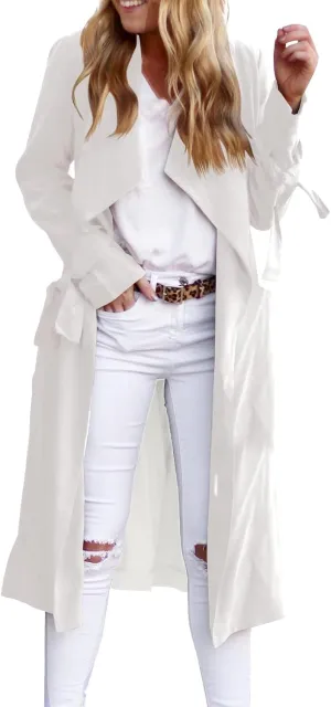 Women's Open Front Long Trench Coats Long Sleeve Slim Casual Pockted Windproof Overcoat with Belt Women Zip Down