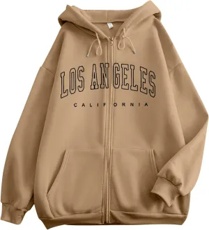 Women's Oversized Hoodies Zip up LOS ANGELES Printed Preppy Pullover Y2K Fleece Casual Jackets 2024 Winter Outwear