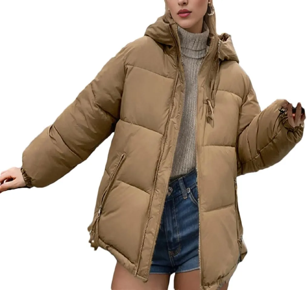 Women's Padded Quilted Puffer Jacket Winter Thicken Warm Cotton Coats Hooded Solid Color Zipper Parkas