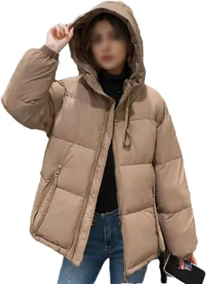 Women's Padded Quilted Puffer Jacket Winter Thicken Warm Cotton Coats Hooded Solid Color Zipper Parkas