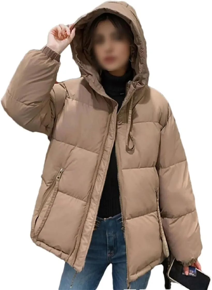 Women's Padded Quilted Puffer Jacket Winter Thicken Warm Cotton Coats Hooded Solid Color Zipper Parkas