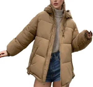 Women's Padded Quilted Puffer Jacket Winter Thicken Warm Cotton Coats Hooded Solid Color Zipper Parkas