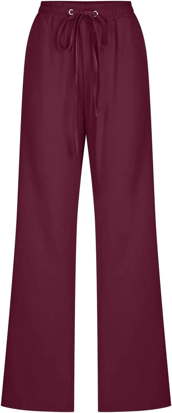 Womens Pants Dressy Casual 2024 Summer Drawstring Linen Pants Elastic Waist Trouser with Pockets Lounge Straight Pant
